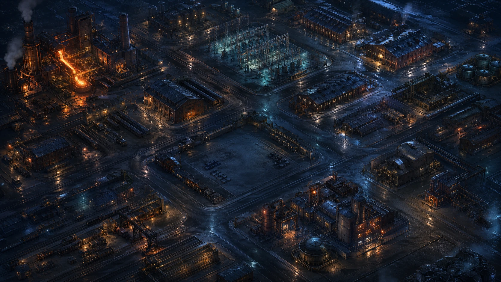 Industrial district at night, with factories, warehouses, and streets